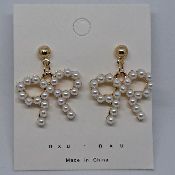 Pearl Bow Earrings Gold Tone Dangle Drop - Picture 6 of 7